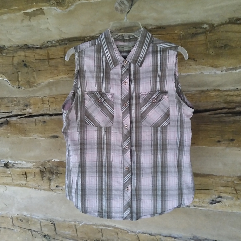 Bit & Bridle Brown Plaid Sleeveless Button Down Shirt Size XL